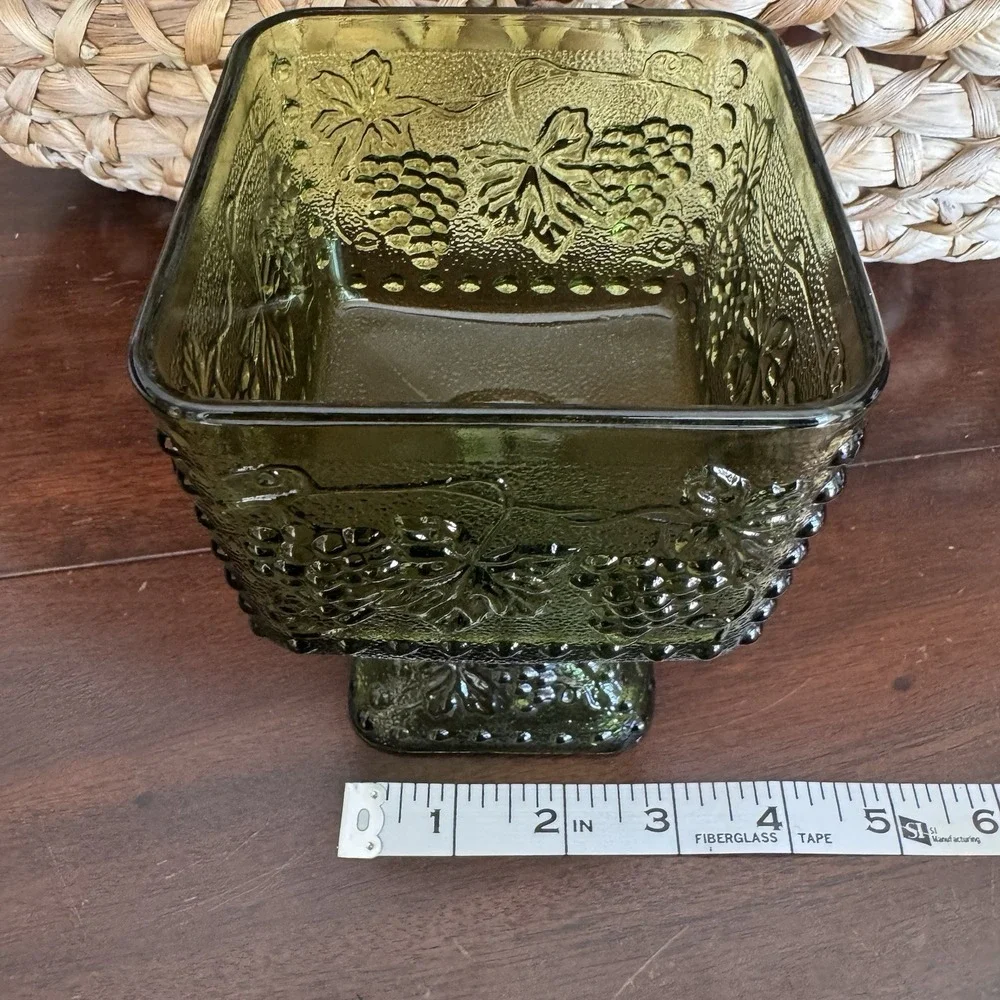Vintage Indiana Glass Green Square Candy Dish Footed Pedestal Grape Vine